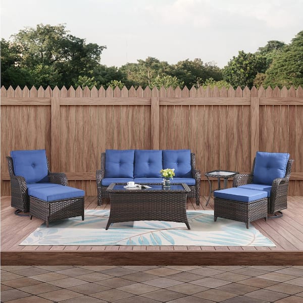 Opohoro Brown 7-Piece Wicker Patio Conversation Set with Swivel Rockers, Outdoor Sofa Seating Set with Olefin Navy Blue Cushions