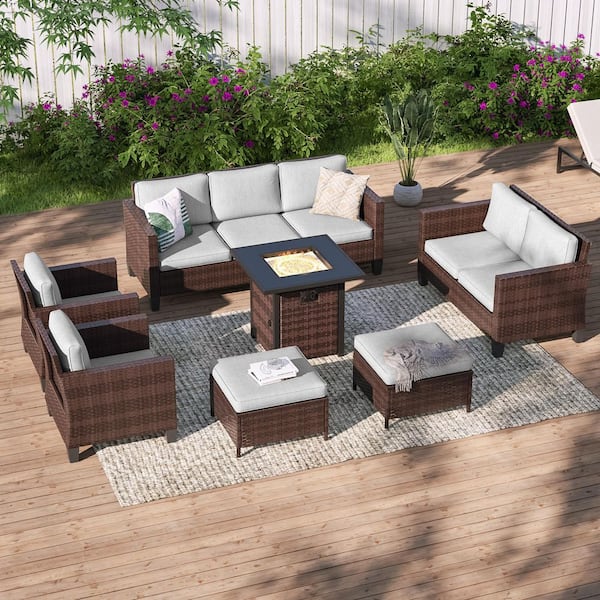 7-Pieces Patio Conversation Set with Square Fire Pit Table and Loveseat Sofa, Brown Wicker with Linen Gray Cushions
