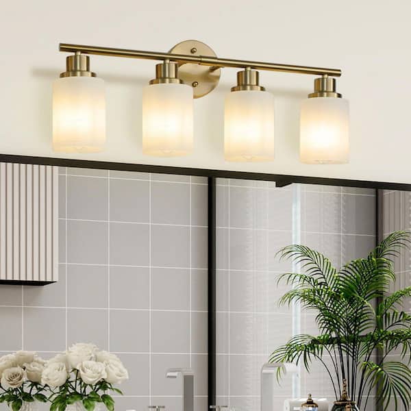 24 in. 4-Light Golden Vanity Lights, Wall Sconces with Frosted Glass Shades, Modern Bathroom Lighting Bulbs Not Included