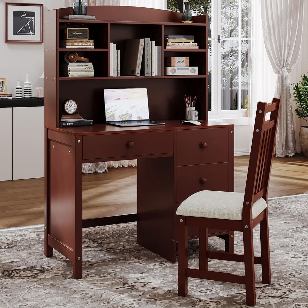 40 in. Rectangular Espresso Wood 4-Drawer Home Executive Desk with Upholstered Chair, Bookshel and Storage Shelf