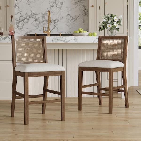 26 in. Brown Rattan Back Solid Rubberwood Frame Coastal Modern Counter Stools with Upholstered Fabric Seat Set of 2