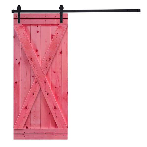 AIOPOP HOME X-Bar Serie 42 in. x 84 in. Scarlet Red Stained Knotty Pine Wood DIY Sliding Barn Door with Hardware Kit