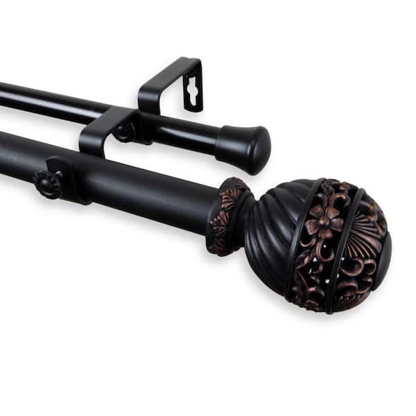 Rod Desyne 66 in. - 120 in. Telescoping 1 in. Double Curtain Rod Kit in Black with Lanette Finial