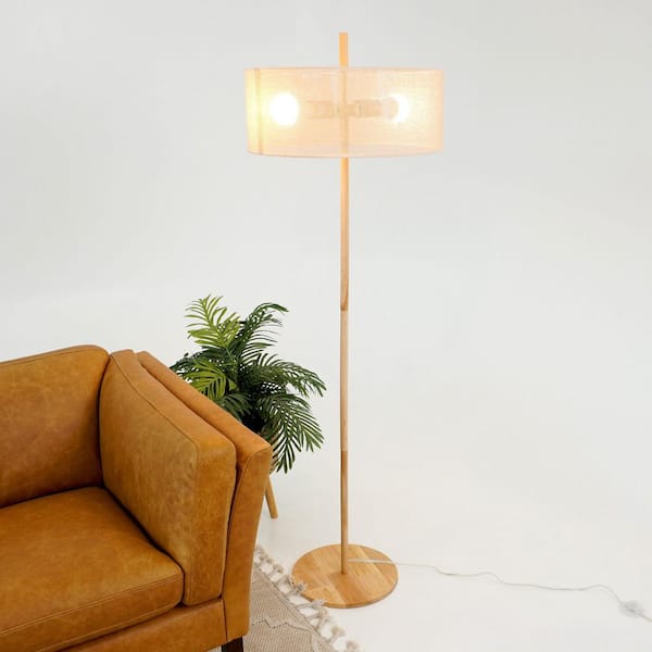 59 in. H 2-Light Classic Modern Wood Tree Floor Lamp with Rattan Shade