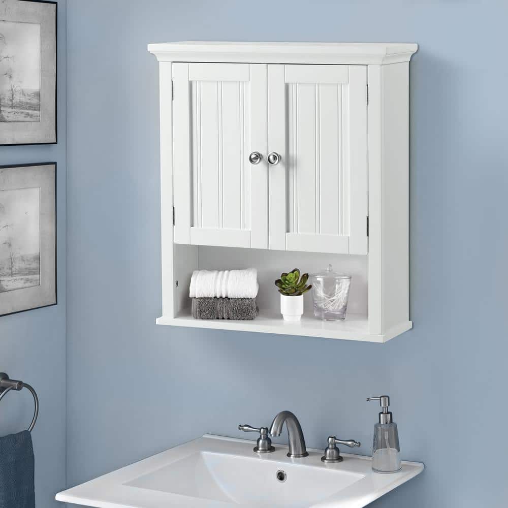White Wood 2-Door Wall Cabinet with Adjustable Shelves