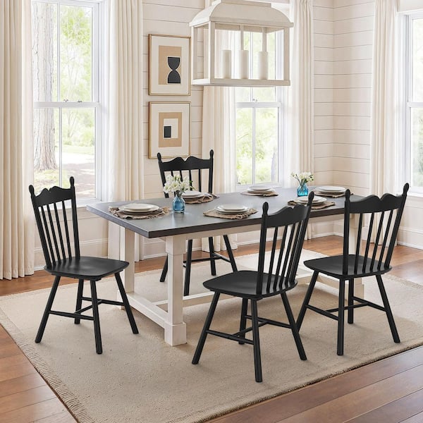 17 in. Black Wave Spindle Back Classic Windsor Dining Chair Solid Wood Armless Farmhouse Dining Chair (Set of 4)