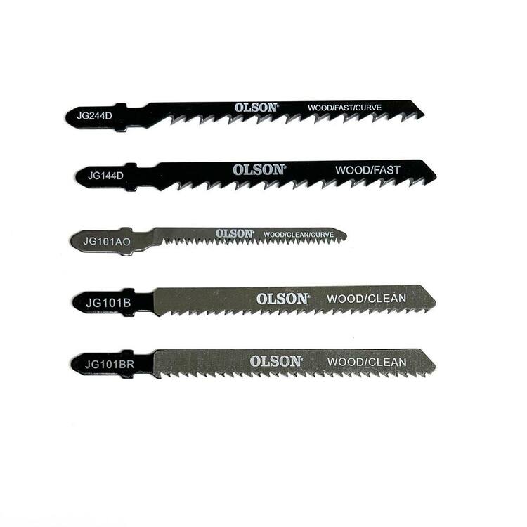 Olson Saw Jig Saw Steel Blade Set, 3 in. Long, 31 in. Wide, 21 to 8 TPI, Wood Assortment, T-Shank, 5-Pack