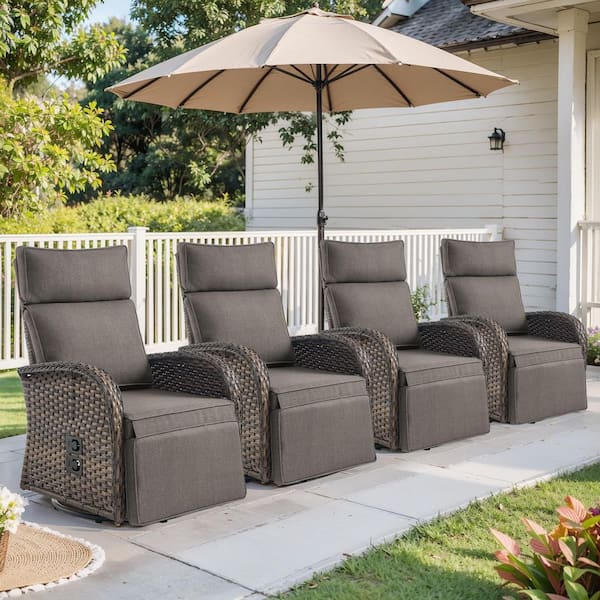 SleekArm Brown 4-Piece Wicker Outdoor Recliner with Olefin Gray Cushions and Flat Armrests Patio Swivel Chairs