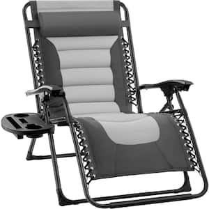 Oversized Padded Zero Gravity Gray/Light Gray Metal Reclining Outdoor Lawn Chair with Side Tray