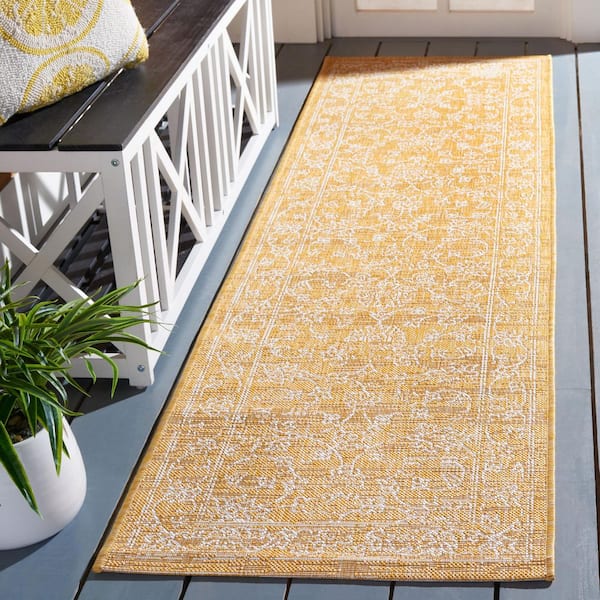 Courtyard Gold/Ivory 2 ft. x 8 ft. Border Floral Scroll Indoor/Outdoor Runner Rug