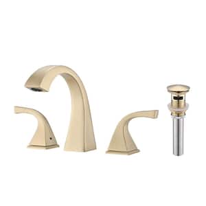 Modern 8 in. Widespread Double Handle 360° Swivel Spout Bathroom Faucet w/Drain Kit Included in Brushed Gold