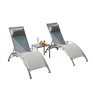 Set of 3 Gray Aluminium Outdoor Patio Chaise Lounge with Adjustable Backrest and Wheels (2 Chairs and 1 Table)
