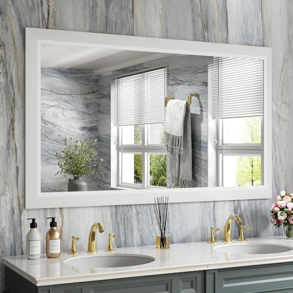 Apmir 55 in. W x 32 in. H Rectangular Aluminum Alloy Framed and Tempered Glass Wall Bathroom Vanity Mirror in Matte White