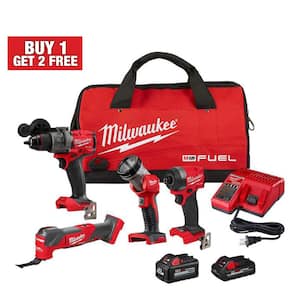 M18 FUEL 18V Lithium-Ion Brushless Cordless Combo Kit (4-Tool) with Two High Ouput Batteries, 1 Charger 1 Tool Bag