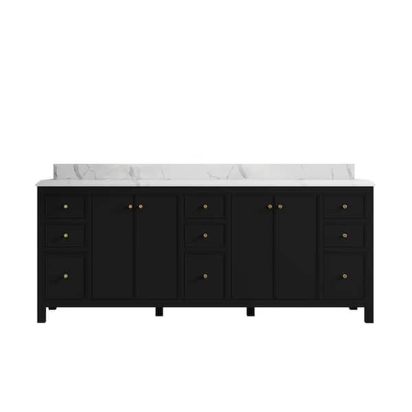 Willow Collections Chicago 84 in. W x 22 in. D x 36 in. H Double Sink Bath Vanity in Black with 1.5 in. Calacatta Laza Qt. Top