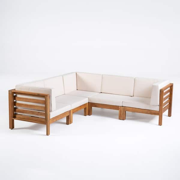 Noble House Jonah Teak 5-Piece Wood Outdoor Patio Sectional with Beige Cushions