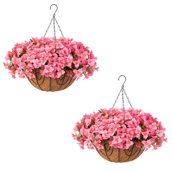 2-Set 10 in. Pink Artificial Bougainvillea Flowers with Brown Basket, Artificial Hanging 12-Piece Bougainvillea Flowers