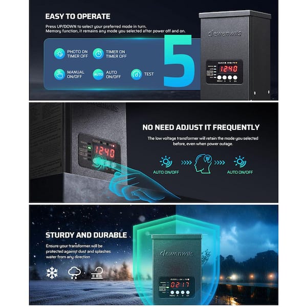 Low Voltage 300-Wattage Metal Landscape Lighting Transformer Outdoor w/Photocell Sensor and Timer, 120V to 12V/15VAC