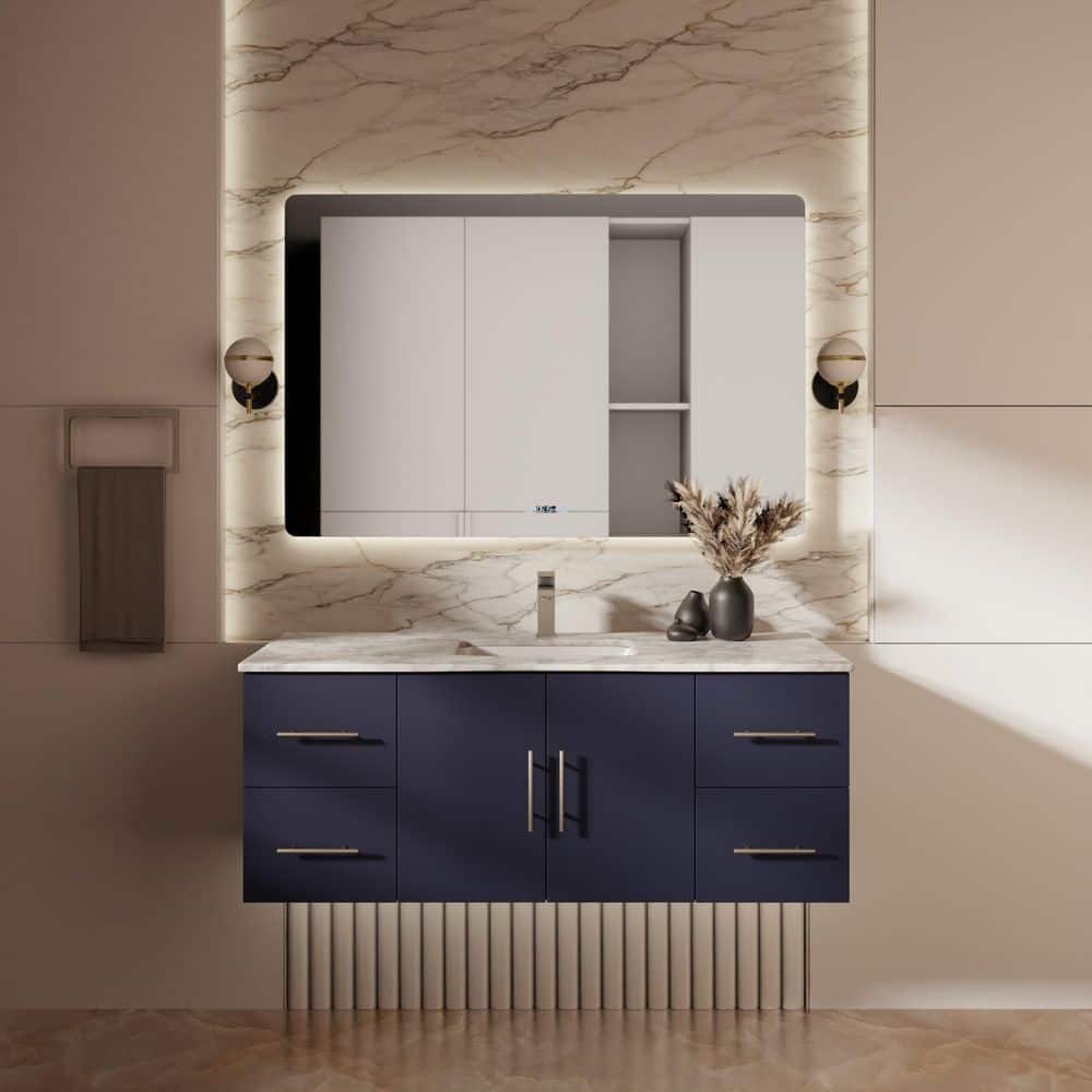 Geneva 48 in. W x 22 in. D Navy Blue Bath Vanity, Carrara Marble Top, Faucet Set and 48 in. LED Mirror price history on PriceWatchPro