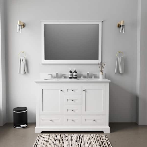 Lexora Dukes 48 in. W x 22 in. D White Double Bath Vanity, Cultured Marble Top, and 46 in. Mirror