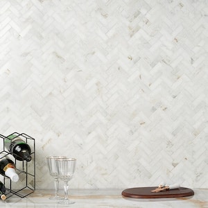Arctic White 4 in. x 0.39 in. Herringbone Polished Marble Mosaic Tile Sample