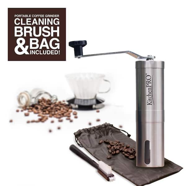 KitchenPRO 5 oz. silver Portable Manual Coffee Bean Grinder with Bag and Cleaning Brush