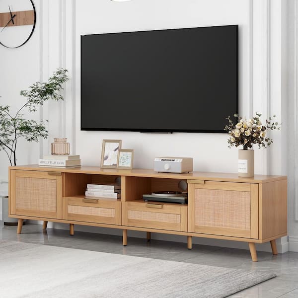 Harper & Bright Designs Modern Rattan Natural Wood(Yellow) TV Stand Fits TVs up to 80 in. with Drawers, Cabinets and Open Shelves