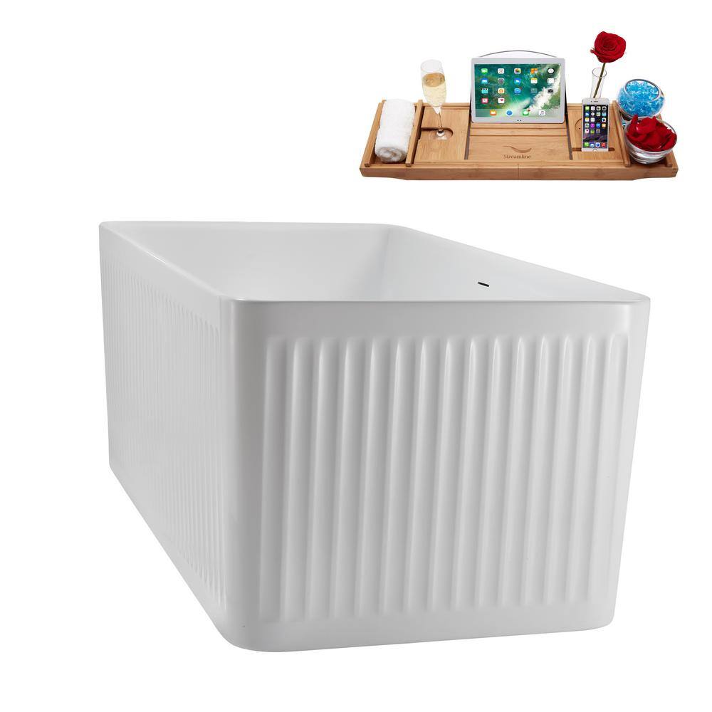 59" White Acrylic Freestanding Soaking Tub with Tray