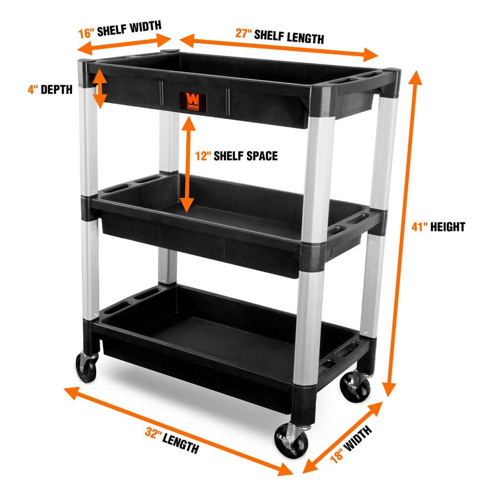 Black and Silver Polypropylene Triple Decker Utility Cart
