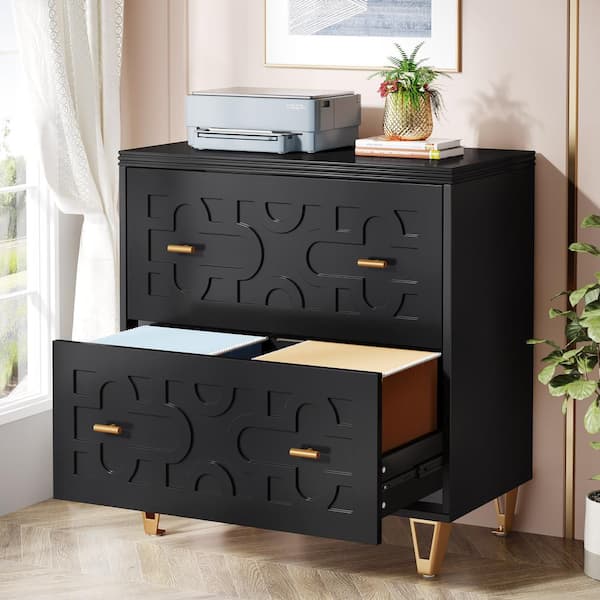 Atencio 2-Drawer Black Wood 31 in. W Lateral File Cabinet with Tabs, Office Storage Cabinet for Legal/Letter/A4 Size