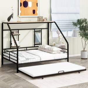 Black Metal Frame Full Size House Platform Bed with Trundle, Roof, Built-In Shelf and Grid