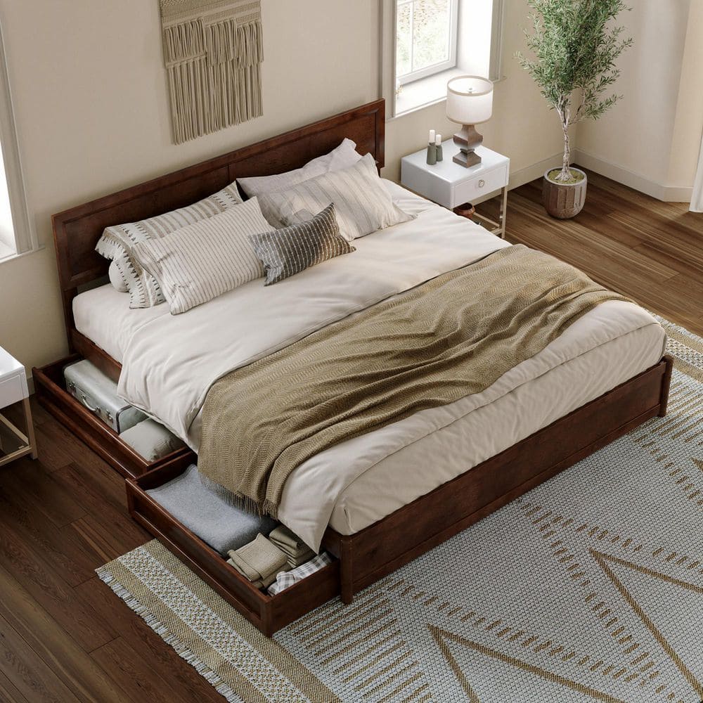 Lylah Dark Walnut King Platform Bed with Storage Drawers