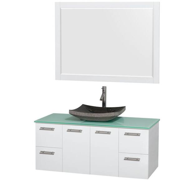 Wyndham Collection Amare 48 in. Vanity in Glossy White with Glass Vanity Top in Green, Granite Sink and 46 in. Mirror