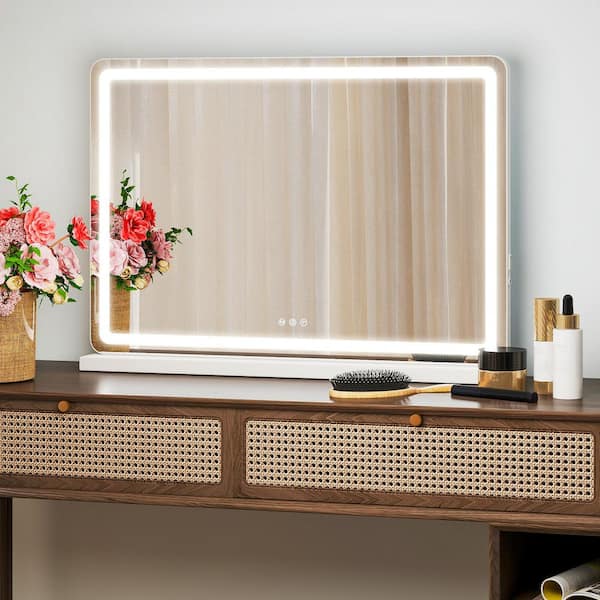 13 in. W x 17 in. H Rectangular Frameless Tabletop Bathroom Vanity Mirror in White with LED Lights