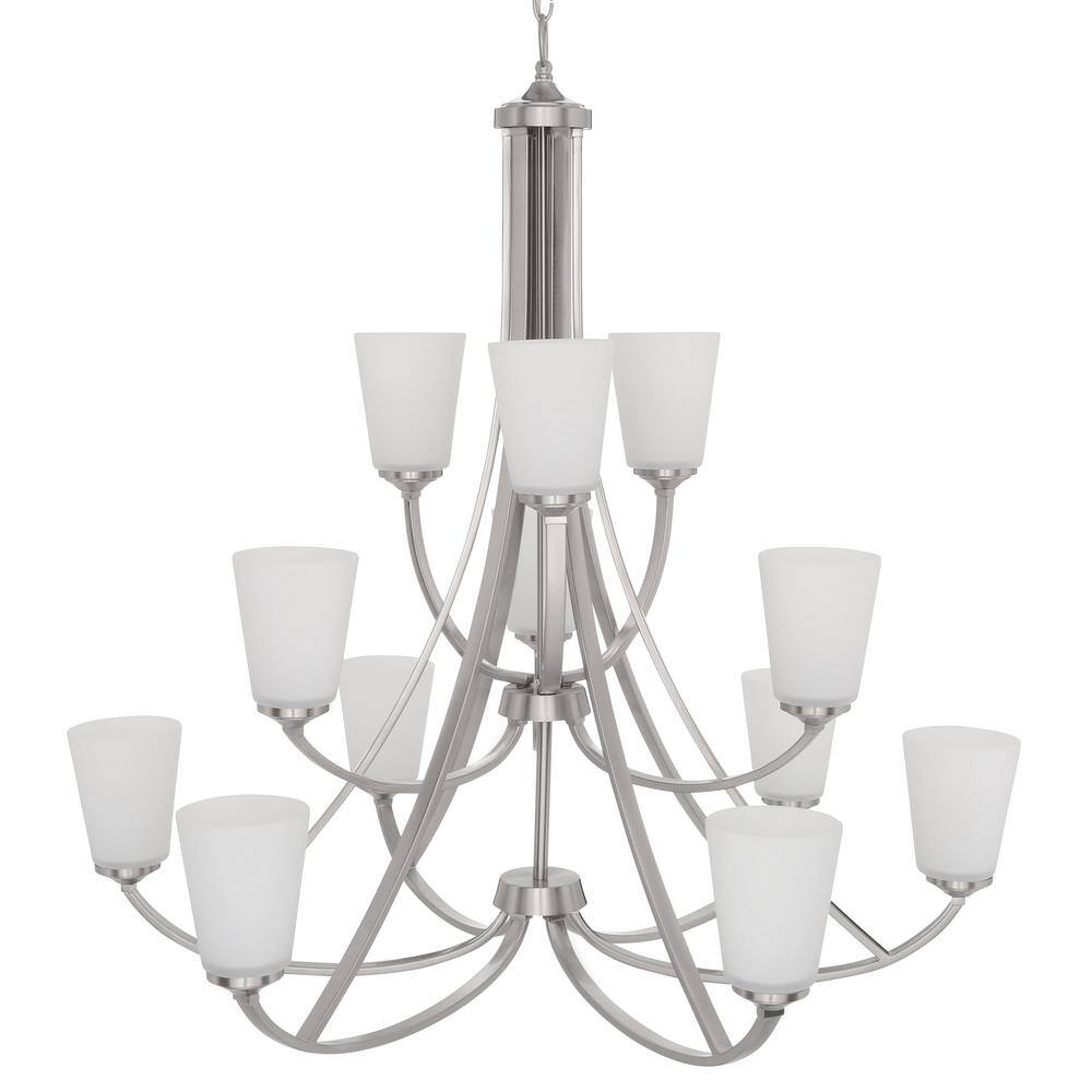 Contemporary Elegance Brushed Nickel 12-Light Chandelier with Etched White Glass