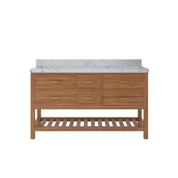 Willow Collections Parker Teak 60 in. W x 22 in. D x 36 in. H Double Sink Bath Vanity in Golden Teak with 2 in. Venatino Quartz Top