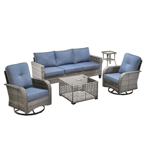 New Vultros Gray 5-Piece Wicker Patio Conversation Set with Denim Blue Cushions and Swivel Chairs