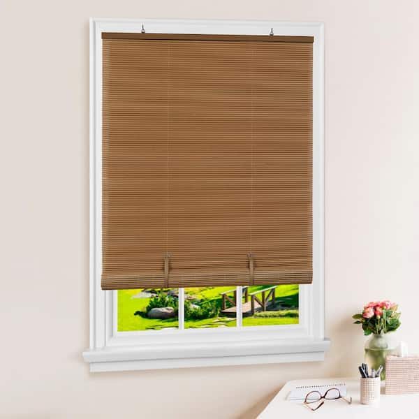 ACHIM Solstice Woodtone Cordless Light Filtering Vinyl Roll-Up Blind with 1/4 in. Oval Slats 60 in. W x 72 in. L