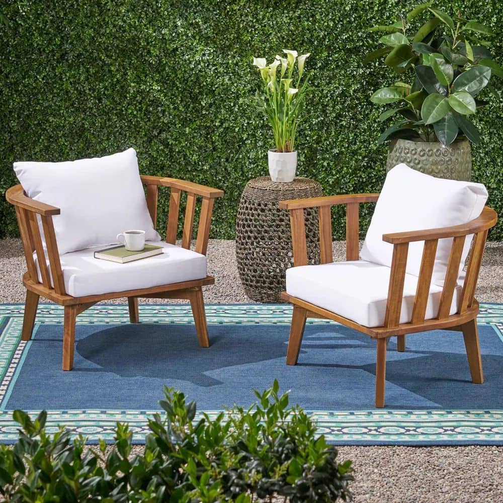 2-Piece Teak Wood Patio Conversation Set with White Cushions