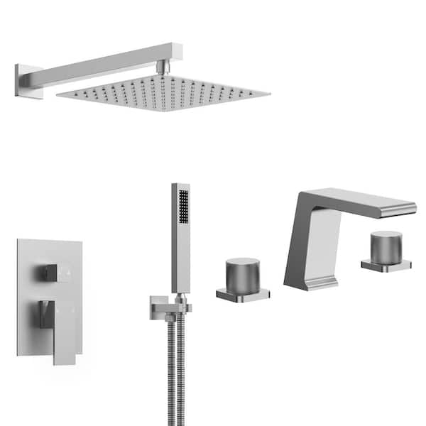 3-Spray Patterns with 10 in. Dual Wall Mount Shower Heads with Hand Shower in Brushed Nickel 2.5 GPM with Sink Faucet