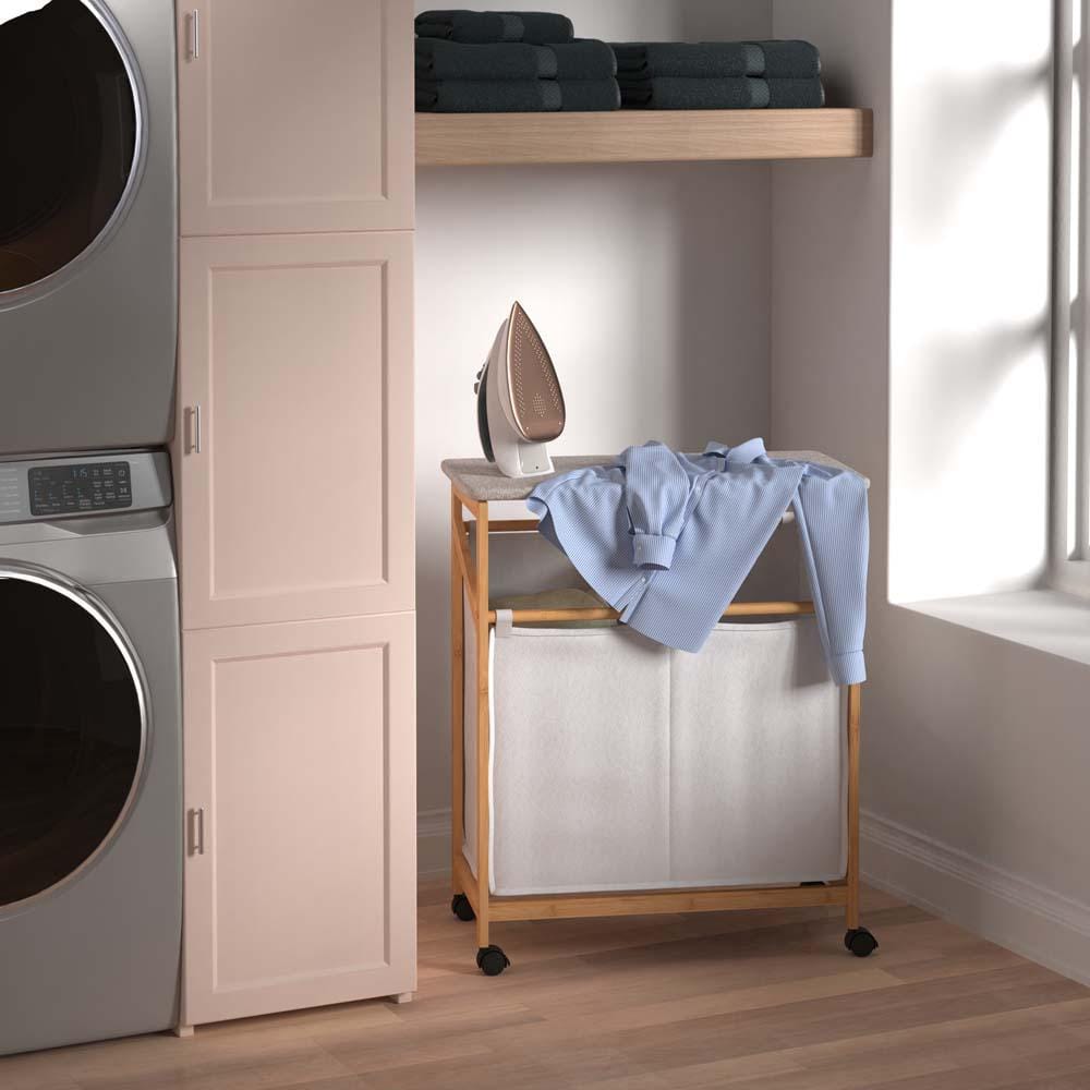 Natural Bamboo Dual Compartment Laundry Hamper with Ironing Board