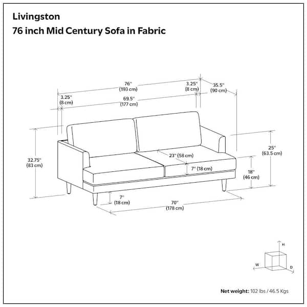Simpli Home Livingston 76 in. Straight Arm Woven-Blend Fabric Wide