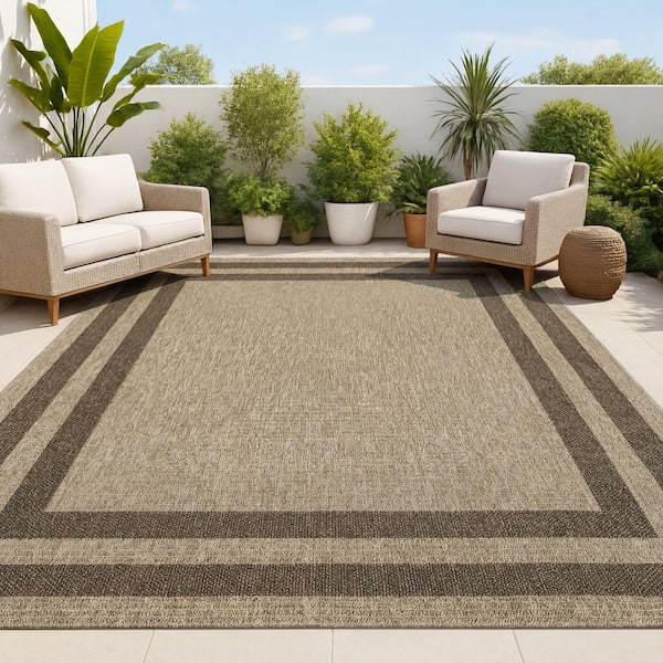 Frenzy Easy Jute Minimalist Boho Inset Border Natural/Brown 3 ft. x 5 ft. Indoor/Outdoor Area Rug