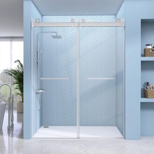 72 in. W x 79 in. H Double Sliding Shower Doors Frameless Alcove Glass Shower Door in Brushed Nickel 3/8 in. Clear Glass