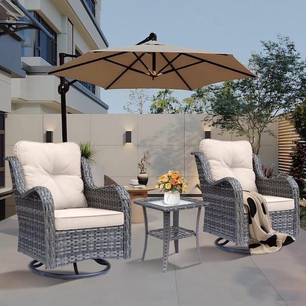 DWIOM Gray 3-Piece Wicker Patio Conversation Set with All-Weather Swivel Rocking Chairs Beige Cushions