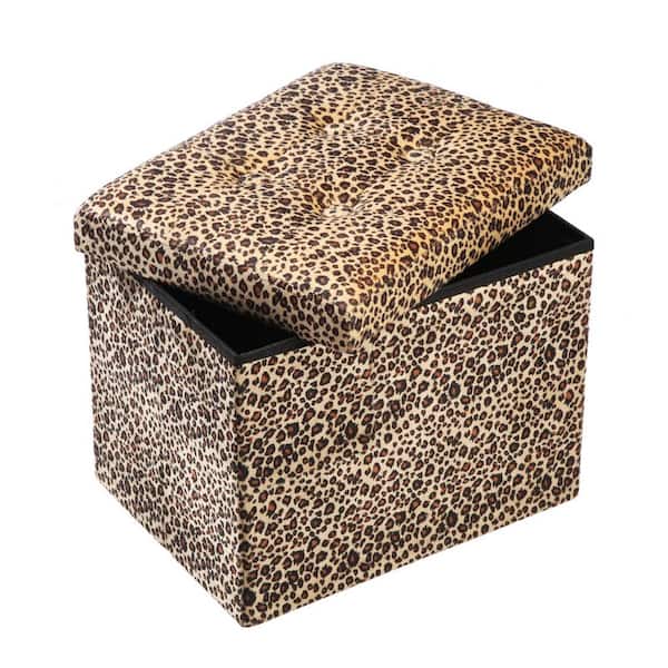 Oyezvary Foldable Foot Rest Wood Outdoor Ottoman with Storage and Leopard Print Cushion
