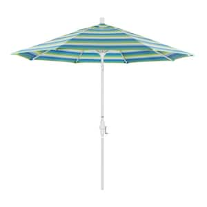 9 ft. White Aluminum Pole Market Aluminum Ribs Collar Tilt Crank Lift Patio Umbrella in Seville Seaside Sunbrella