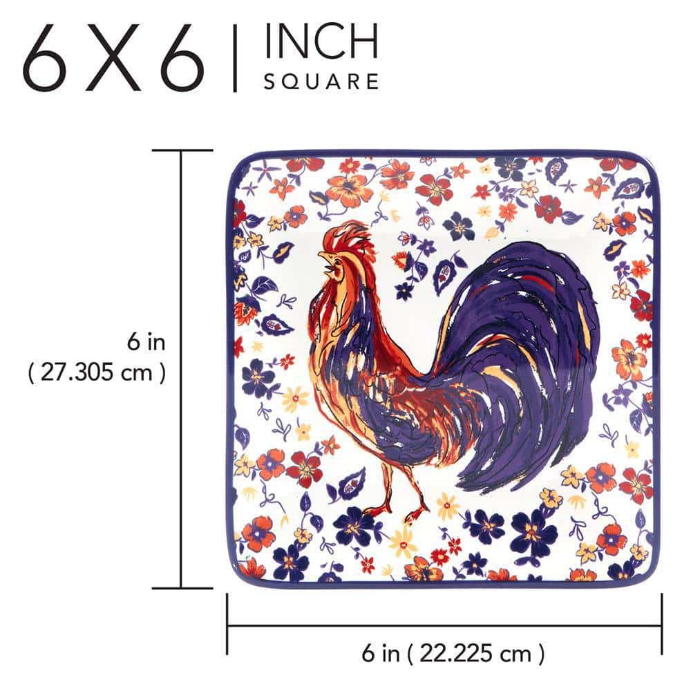 Morning Rooster 6" Ceramic Canape Plates Set of 4