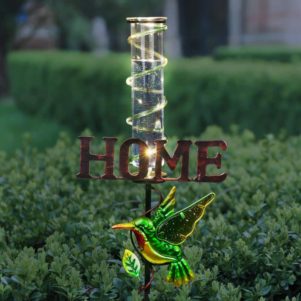 Green Metal Solar Hummingbird Rain Gauge Garden Stake