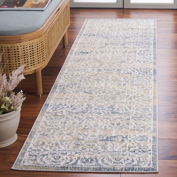 Blair Ivory/Blue 2 ft. x 8 ft. Machine Washable Distressed Abstract Runner Rug
